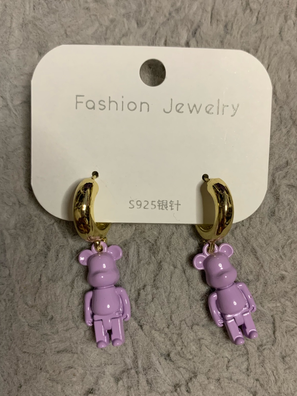 Fashion Jewelry Gold Hoop Earrings with Lilac Bear Charms